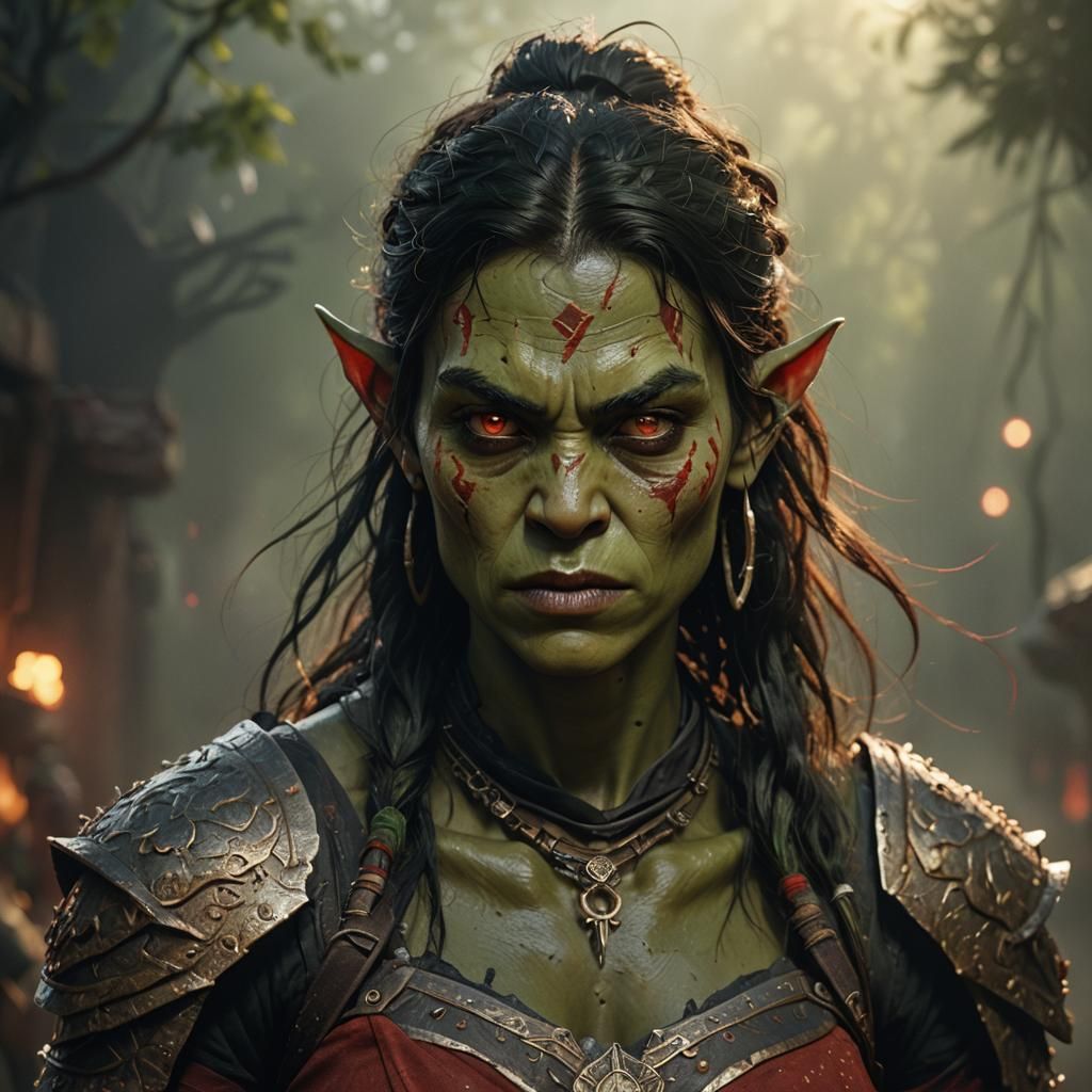 Heroic Orc Woman in Hyperrealistic Dark Fantasy Style