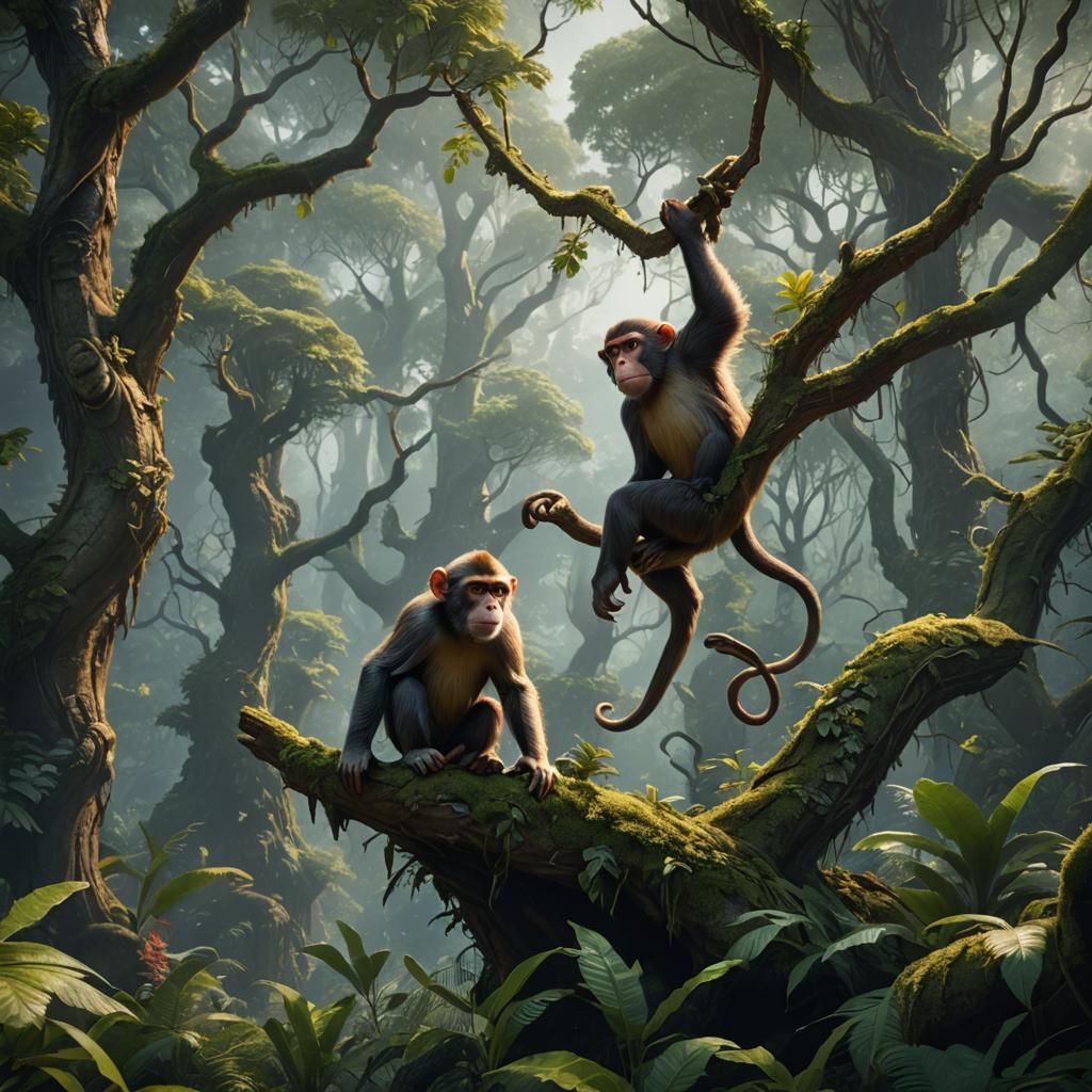 Monkey in Forest: Detailed Matte Painting
