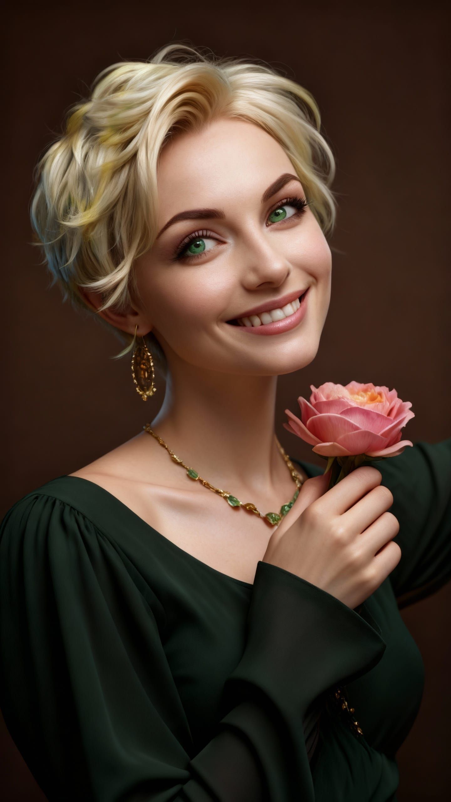 Pixie Woman Holding Pink Flower in Hyperrealistic Style