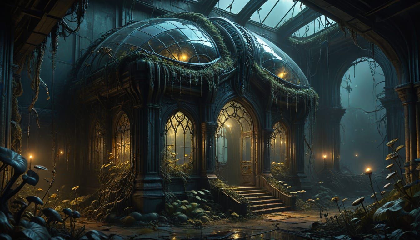Eerie Glowing Greenhouse: A Hyperrealistic Digital Art Piece