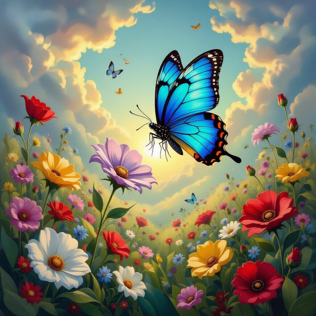 Magical Floral World With Blue Butterfly