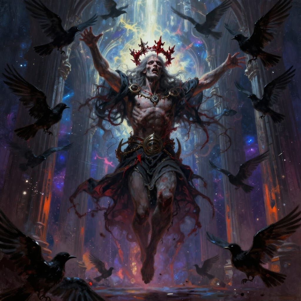 Epic Fantasy Scene of Hanged God and Cosmic Visions