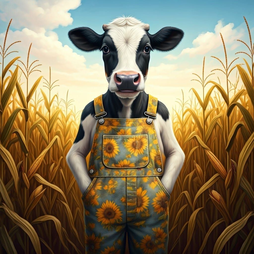 Whimsical Black and White Calf in Sunflower Overalls in a Co...