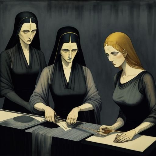 The Moirai Cutting Strings of Life: Ink and Watercolor