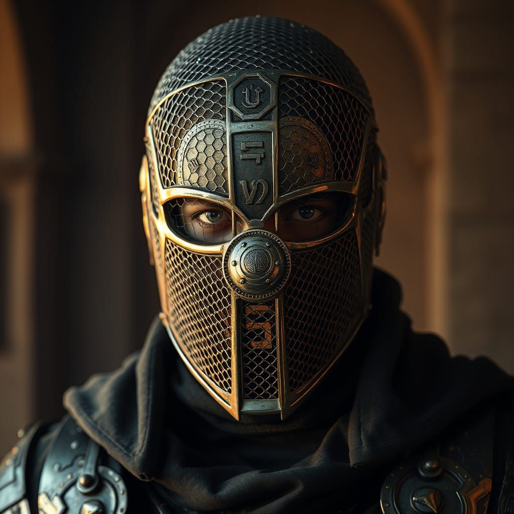 Mysterious Figure in Steel Sieve Mask