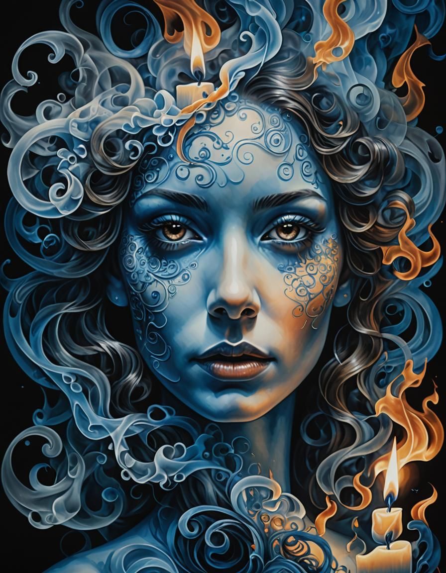 Ethereal Woman's Face Emerges from Candle Smoke
