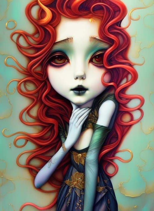 Fantasy Girl with Red Hair in Gold Leaf
