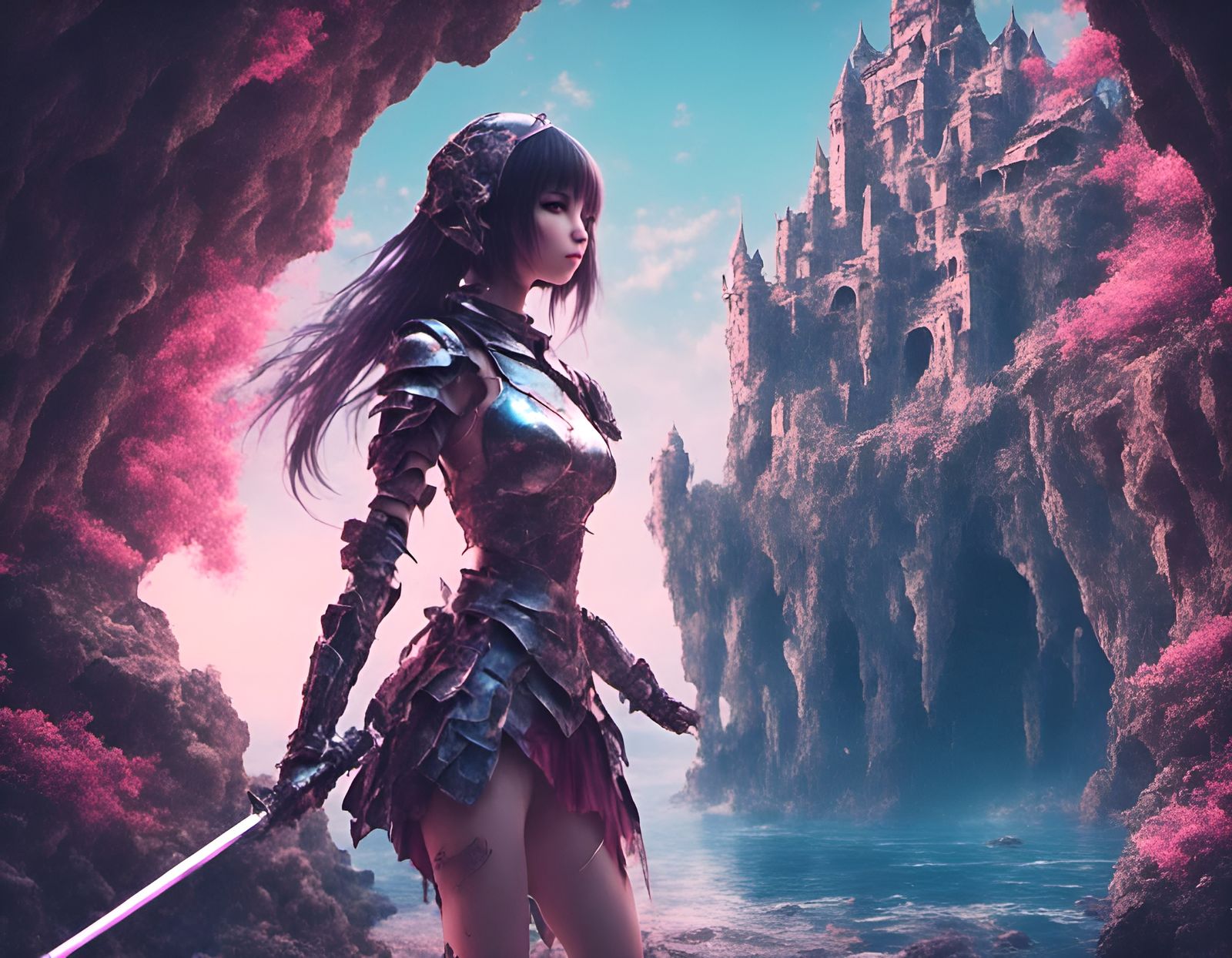 Knight Girl with Laser Sword in Vaporwave Castle