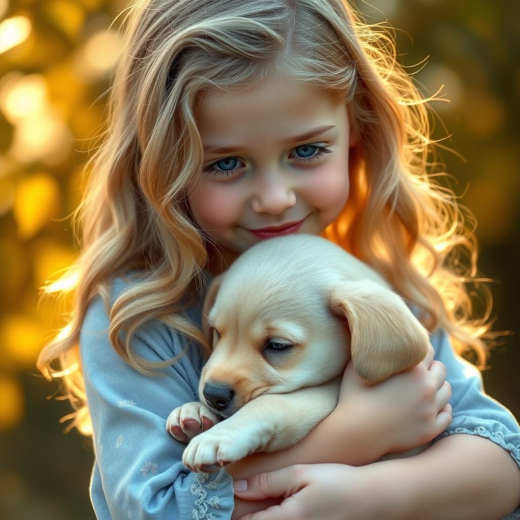 Young Girl Adores Her Fluffy Labrador Retriever in a Warm Au...