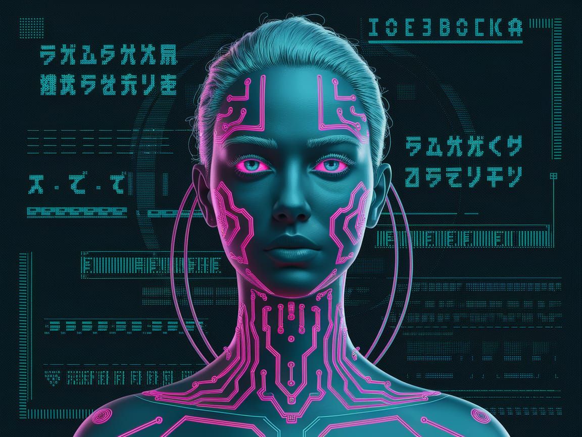 Cyberpunk Woman Portrait with Neon Circuitry