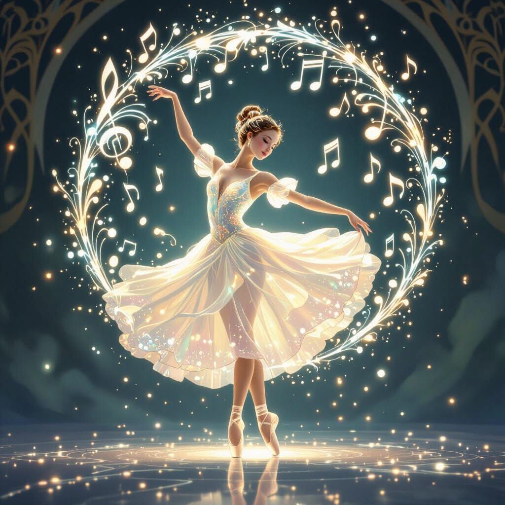 Luminescent Ballerina Dancing with Spectral Music Notes