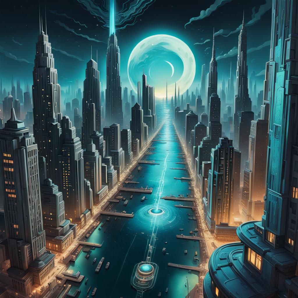 Art Deco Cityscape with Bioluminescent Details