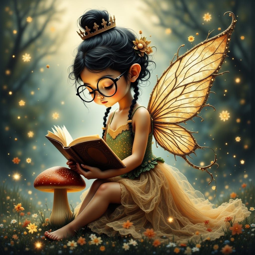 Fairy with Glasses Reading, Whimsical Art Style
