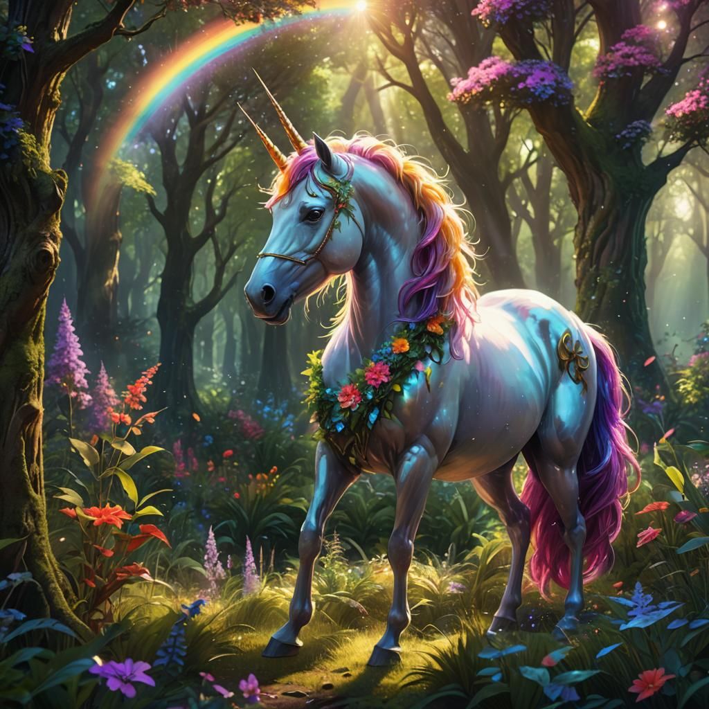 Unicorn in Rainbow Forest: Fantasy Concept Art