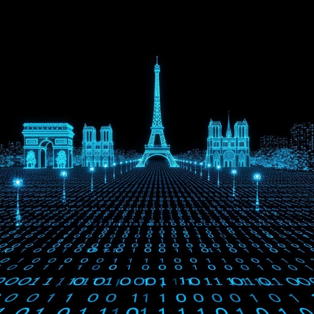 Paris Cityscape Made of Binary Code at Night
