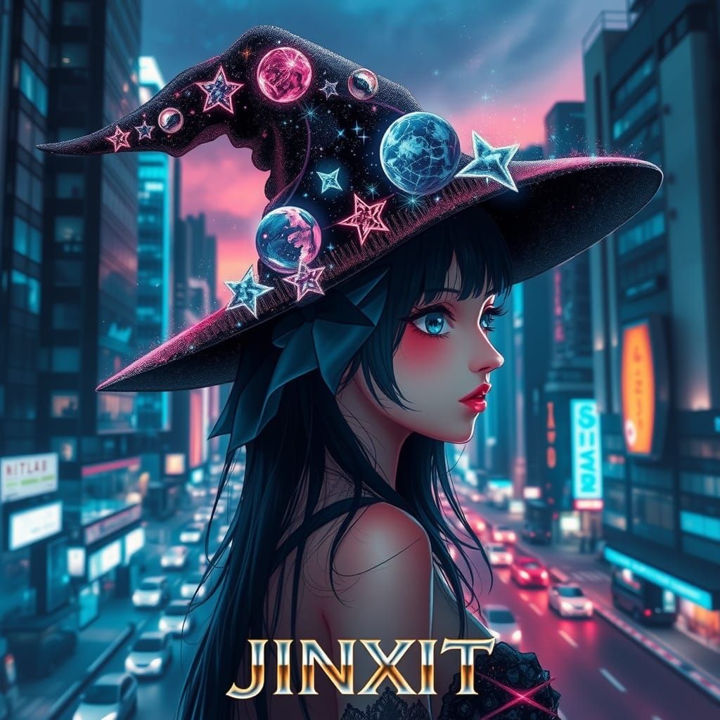 Mystical Anime Witch in Neon Cityscape
