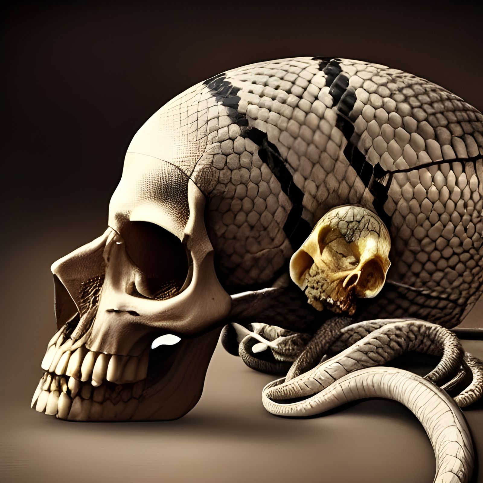 Hyperrealistic Snake Wrapped Around Skull