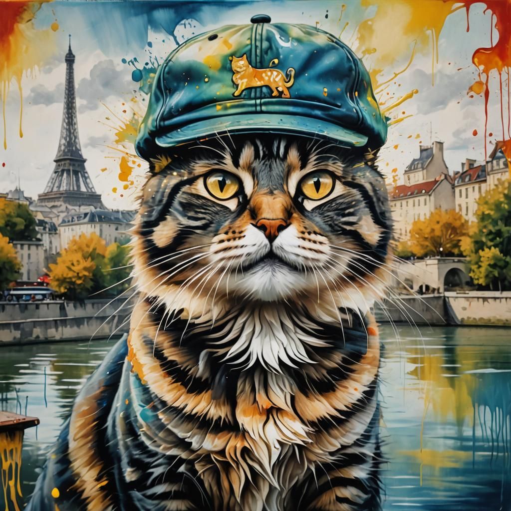 Double Exposures of a Cut French cat, wearing an Alpino cap ...