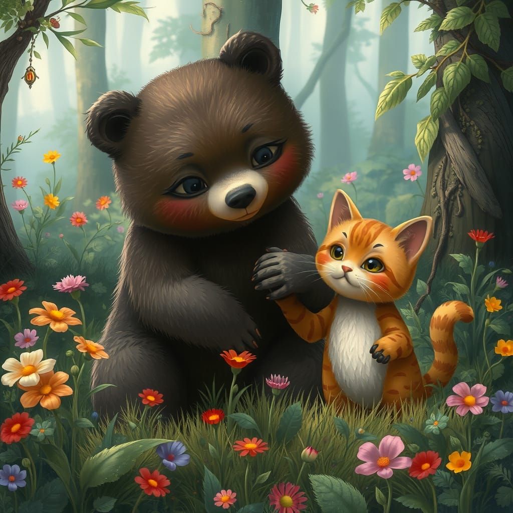 Whimsical Woodland Scene with Gentle Bear and Curious Cat