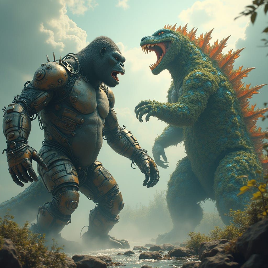 Mechanical King Kong Confronts Solar Punk Godzilla in Indust...
