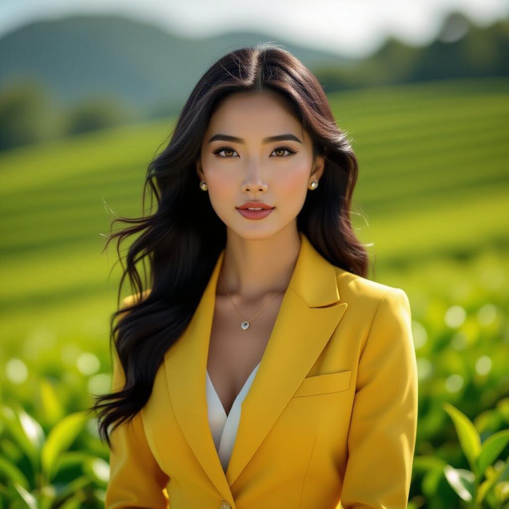 Hyperrealistic Portrait in Tea Plantation, Cinematic Style