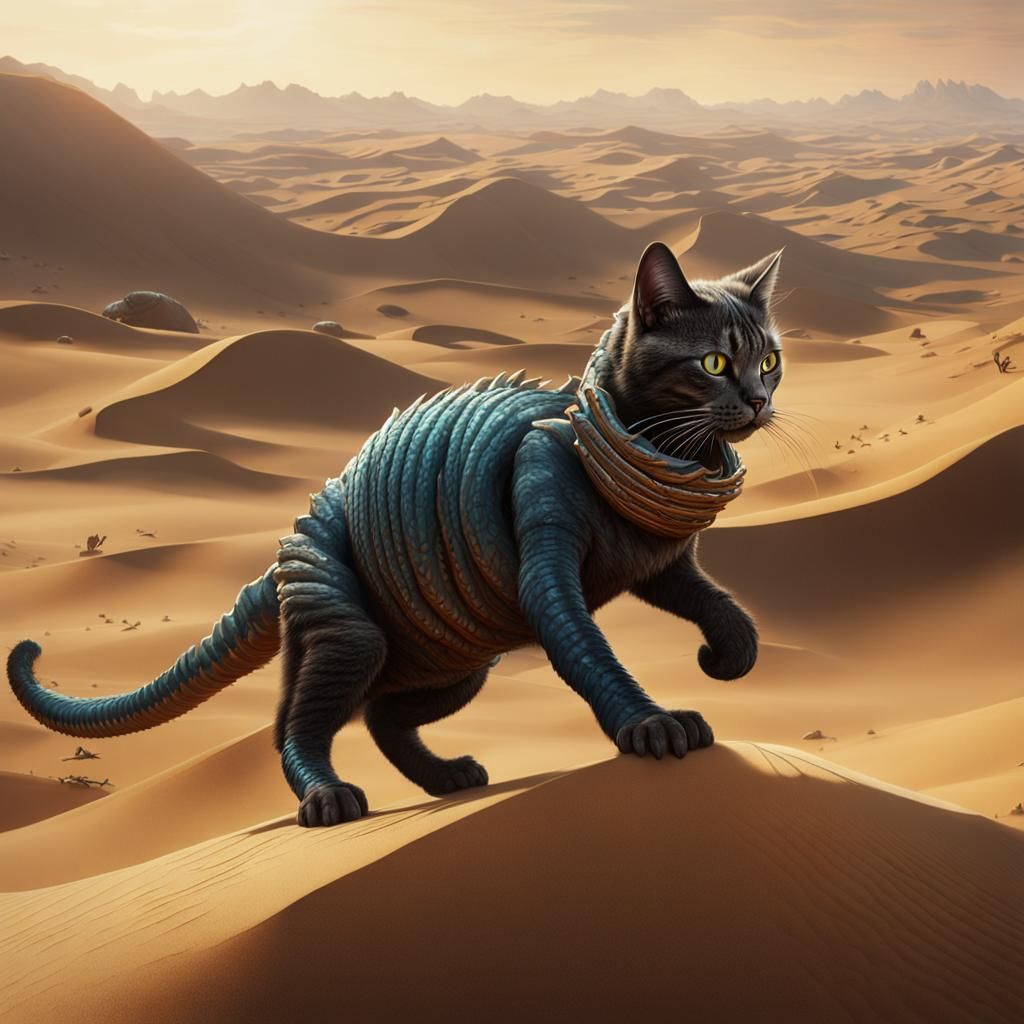 Heroic Cat Rides Dune Worm in Detailed Digital Painting