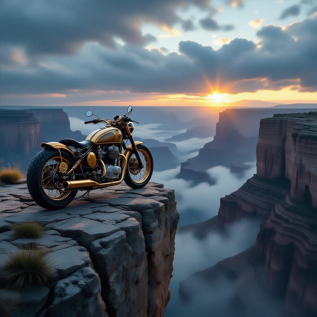 Vintage Motorcycle on Cliff Edge in Dramatic Light