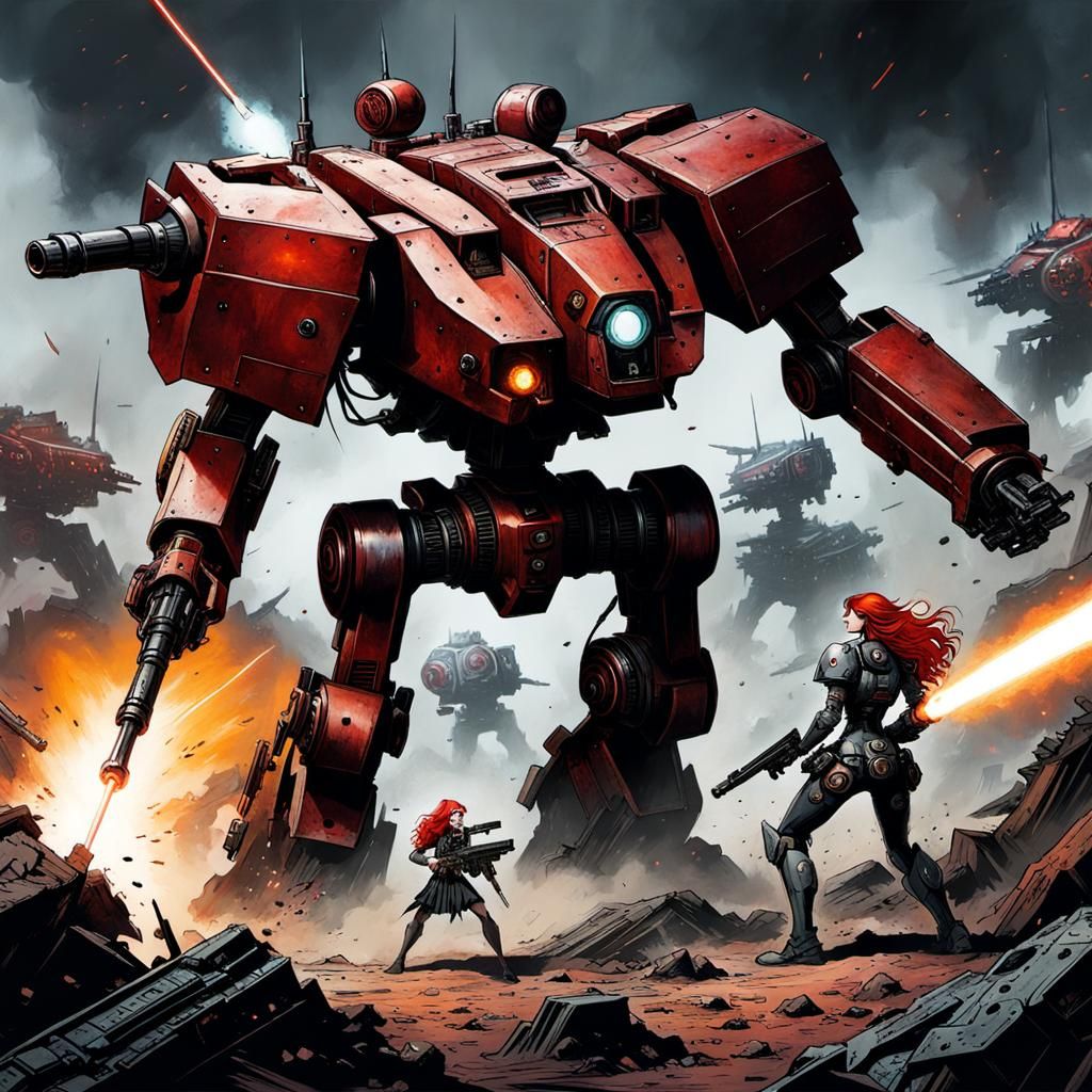 Redhead Warrior vs. Battlemech in Comic Style