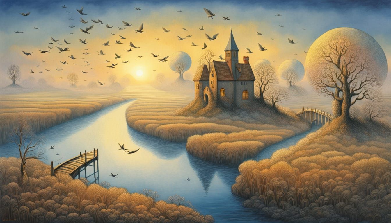 Whimsical Rural Scene in Dreamlike Watercolor Style