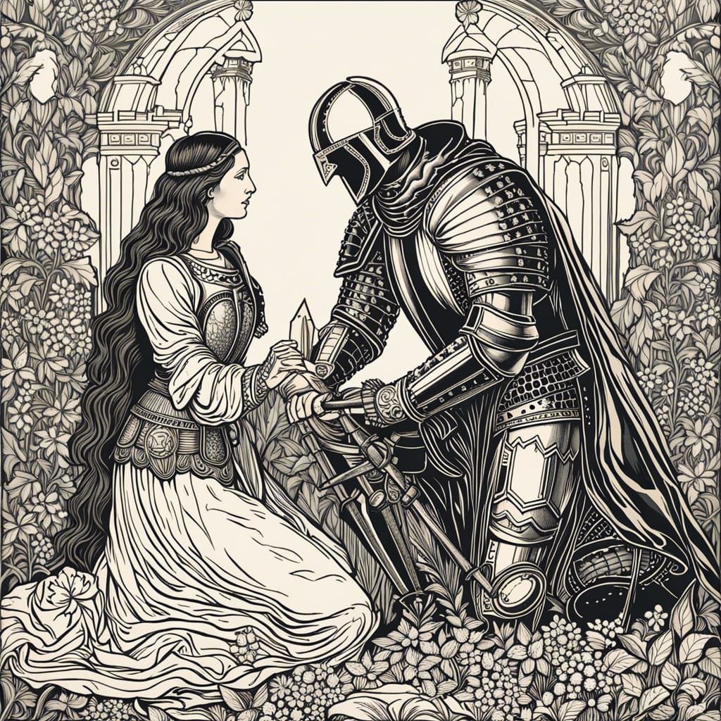 Knight Kneeling Before a Divine Apparition in Line Art
