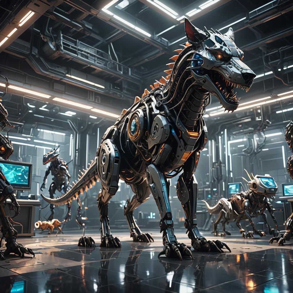 Cybernetic Wolf-Dinosaur-Ant Fusion in High-Tech Lab