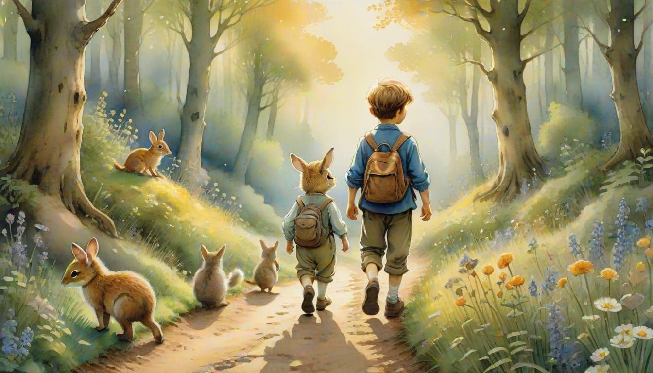 Whimsical Forest Path with Boy and Animals in Watercolor