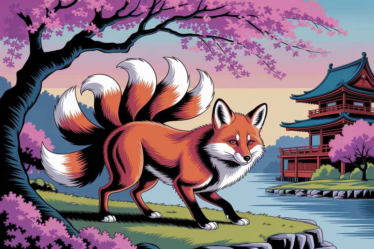 Enchanting Multi-Tailed Fox in Japanese Garden