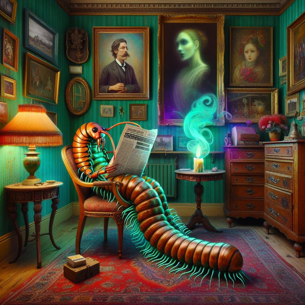Victorian Centipede Reading Newspaper in Surreal Room