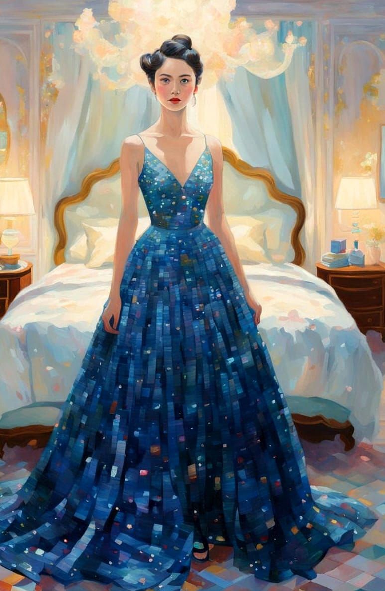 Woman in Opulent Bedroom Wearing Prismatic Glass Gown