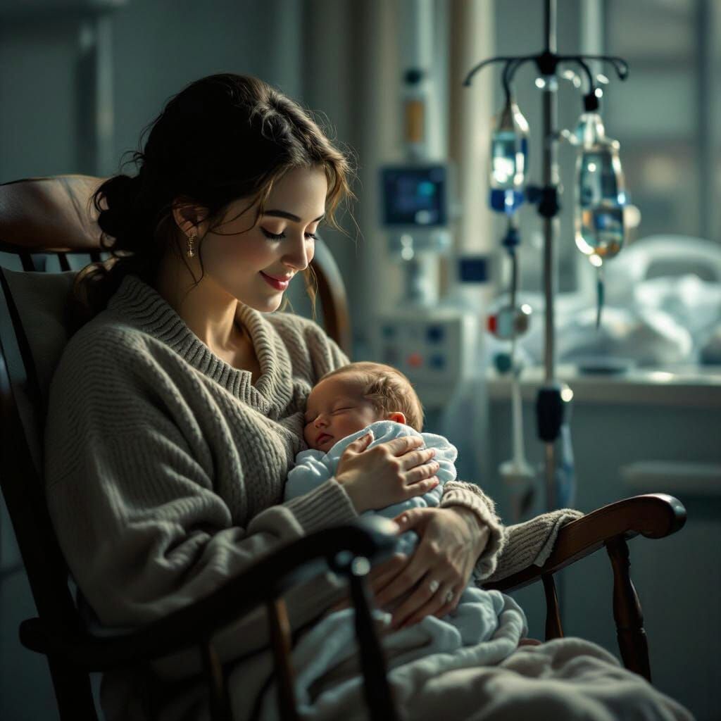 Mother Serenades Baby in NICU, Oil Realism Style