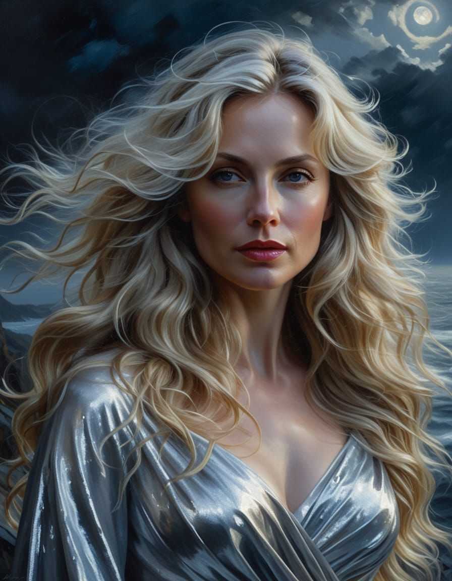 Romantic Realism Portrait: Woman on Cliff in Moonlight