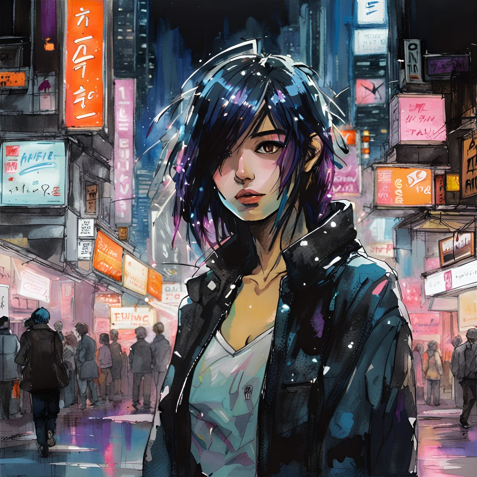 Cyberpunk Anime Girl in Neon Tokyo Watercolor