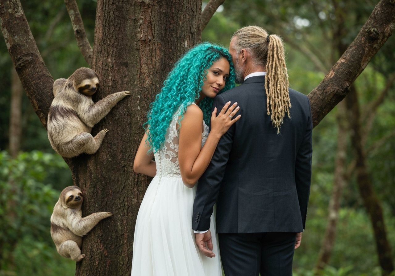 Romantic Wedding Photo with Sloths in Natural Light