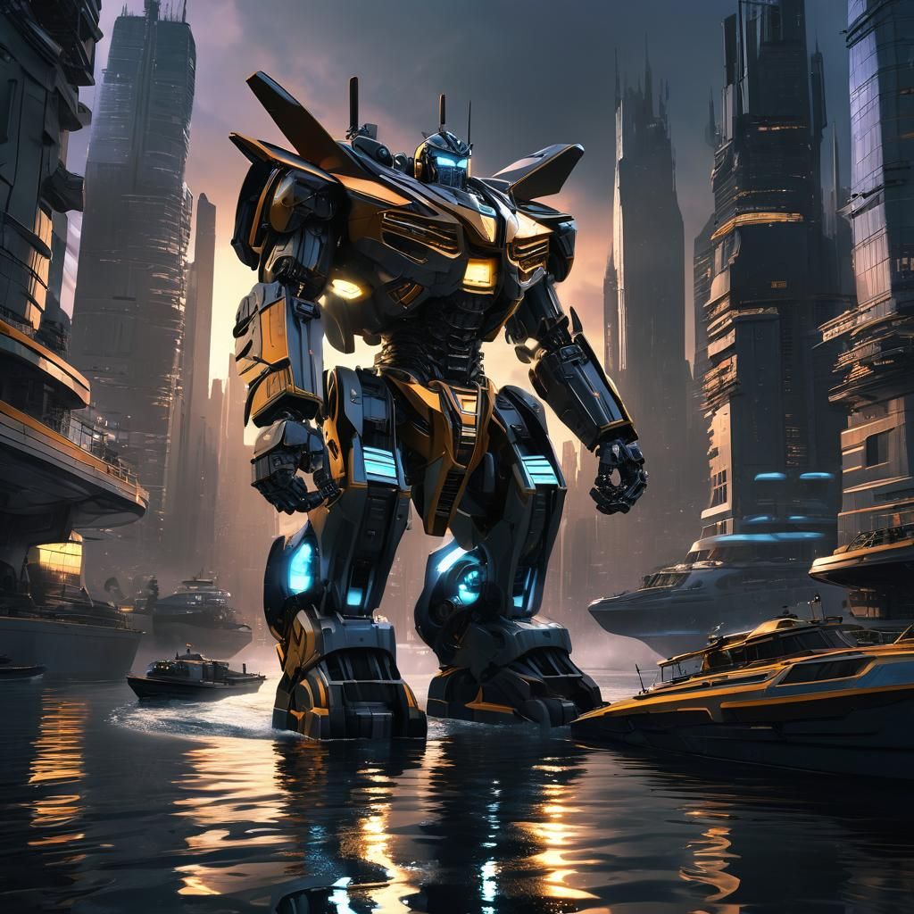 Transformer Robot Morphs to Submarine in Futuristic City