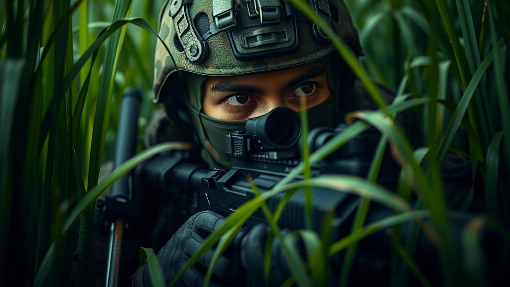 Photorealistic Sniper in Camouflage - Cinematic Film Still