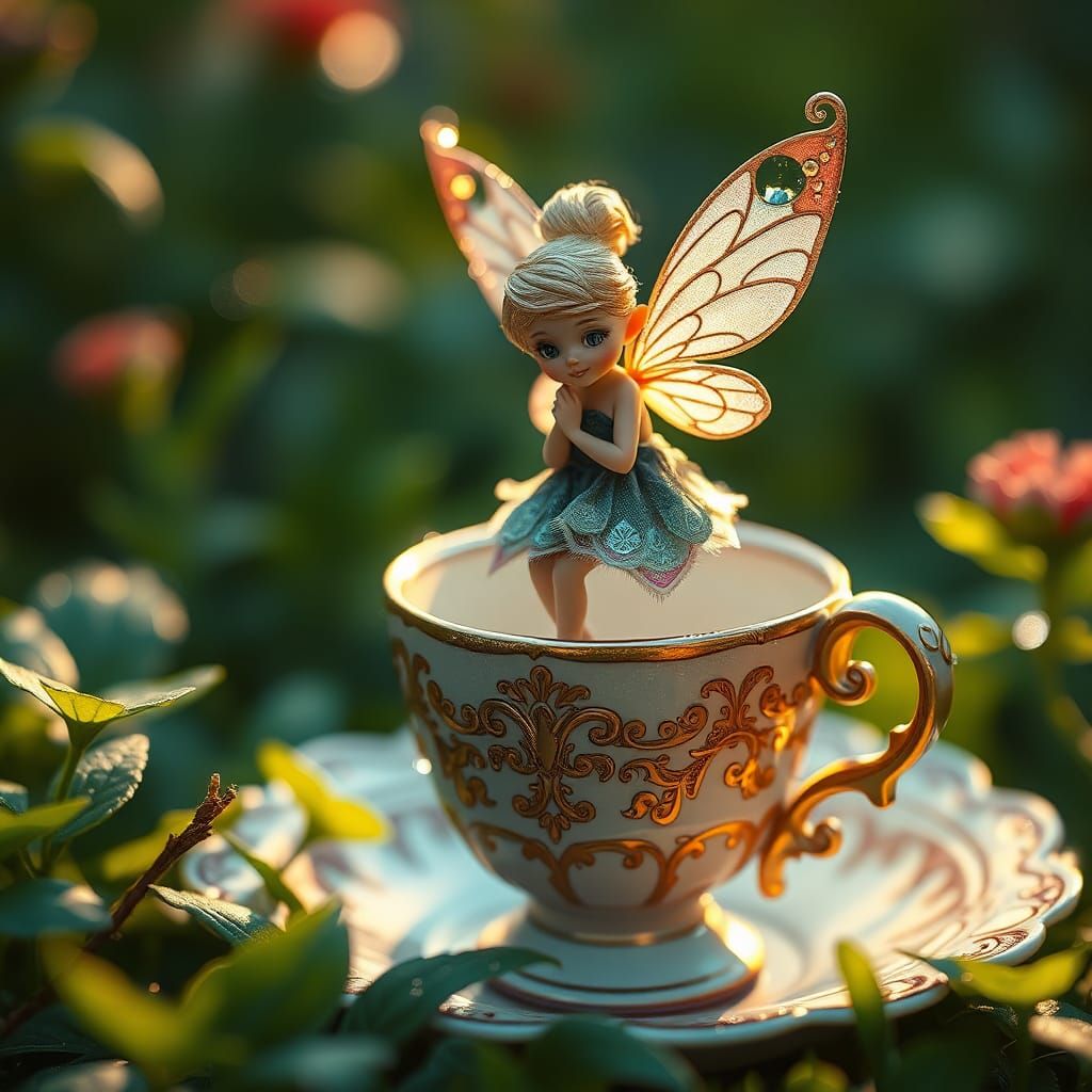 Ethereal Fairy on Teacup: Fantasy Concept Art