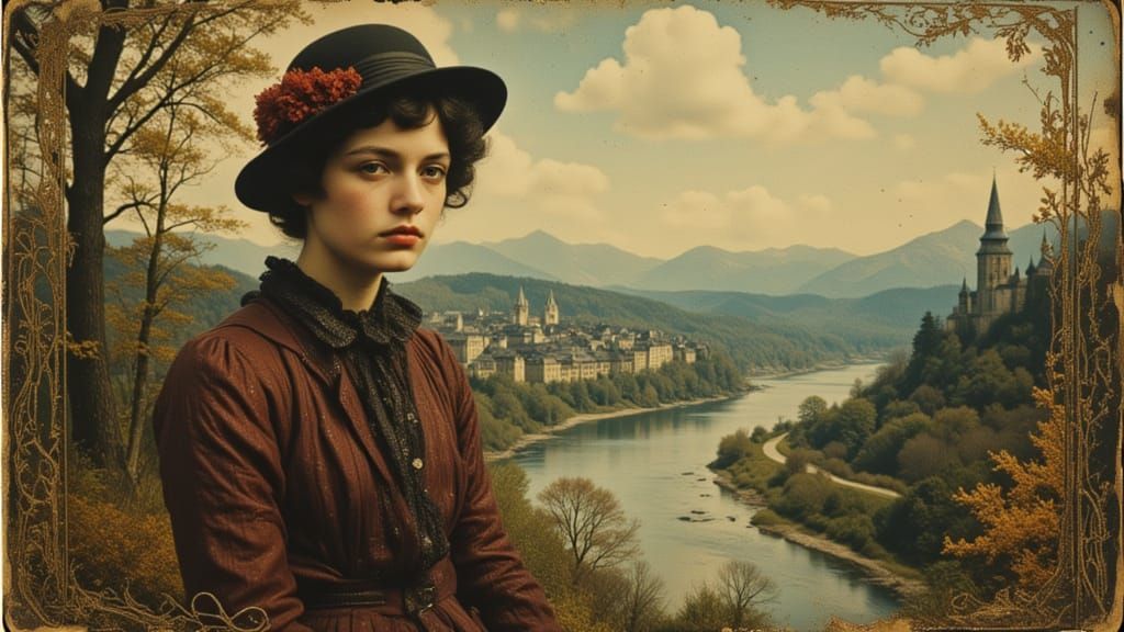 1800s Romantic German Woman Portrait on Rhine