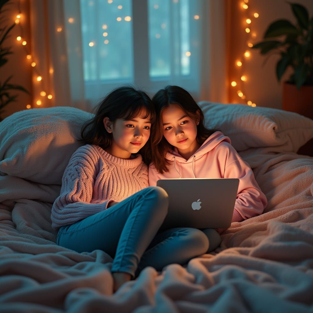 Teenage Girls Relax in Whimsical, Dreamlike Bedroom Scene