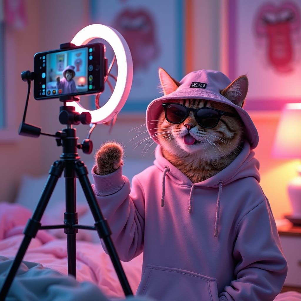 Gen Z Cat Making TikTok Videos in Digital Illustration