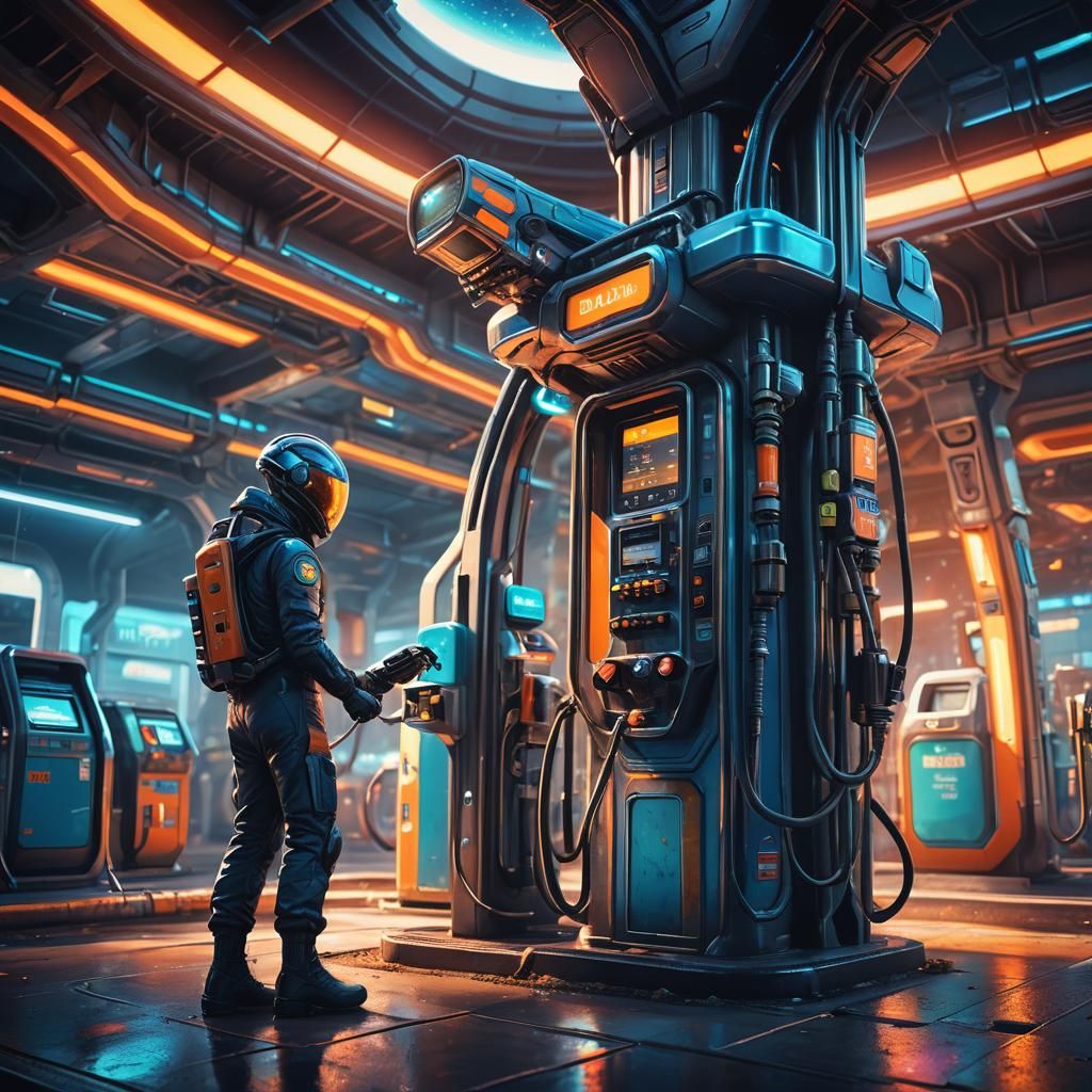 Alien Gas Station in Retro-Futuristic Sci-Fi Style