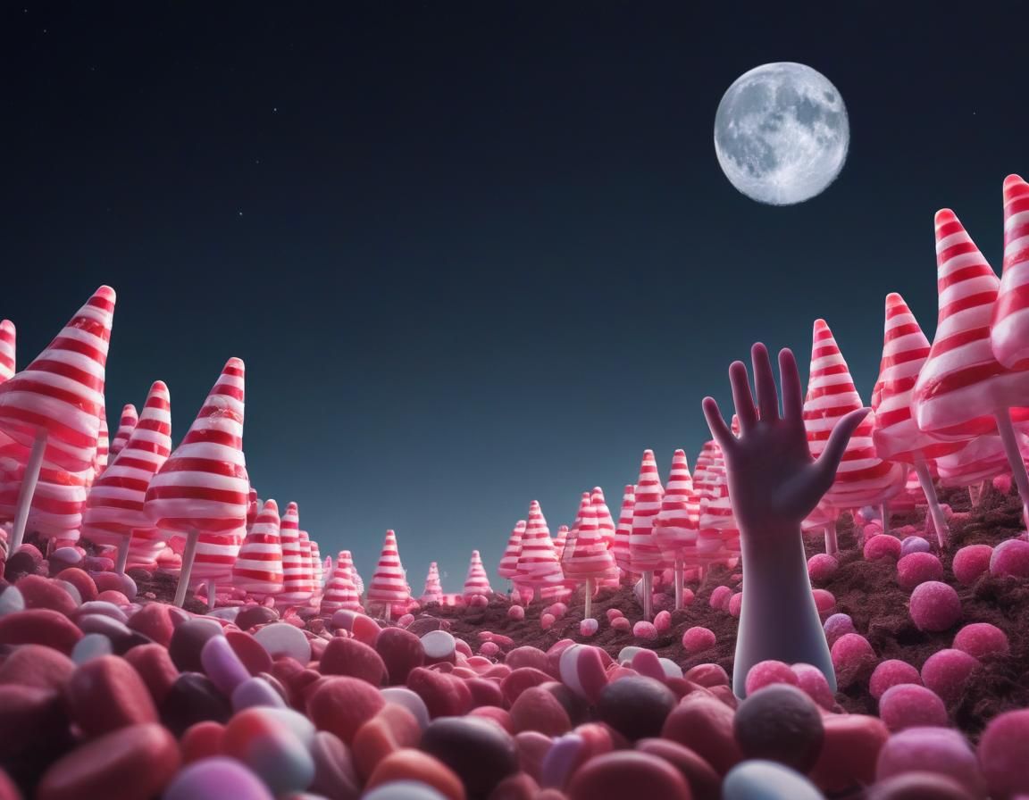 Hand Waving at Moon in Candy Forest