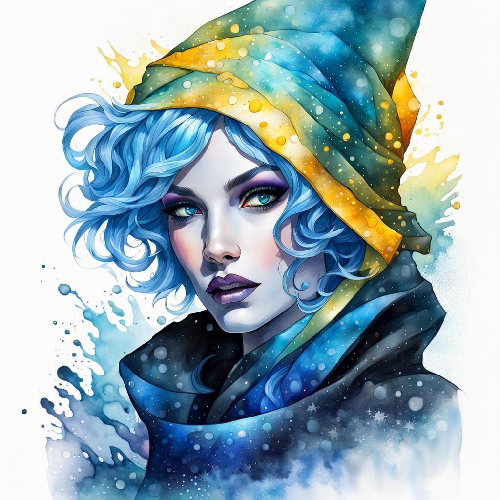 Blue-Haired Sorceress Portrait with Watercolor Ink Details