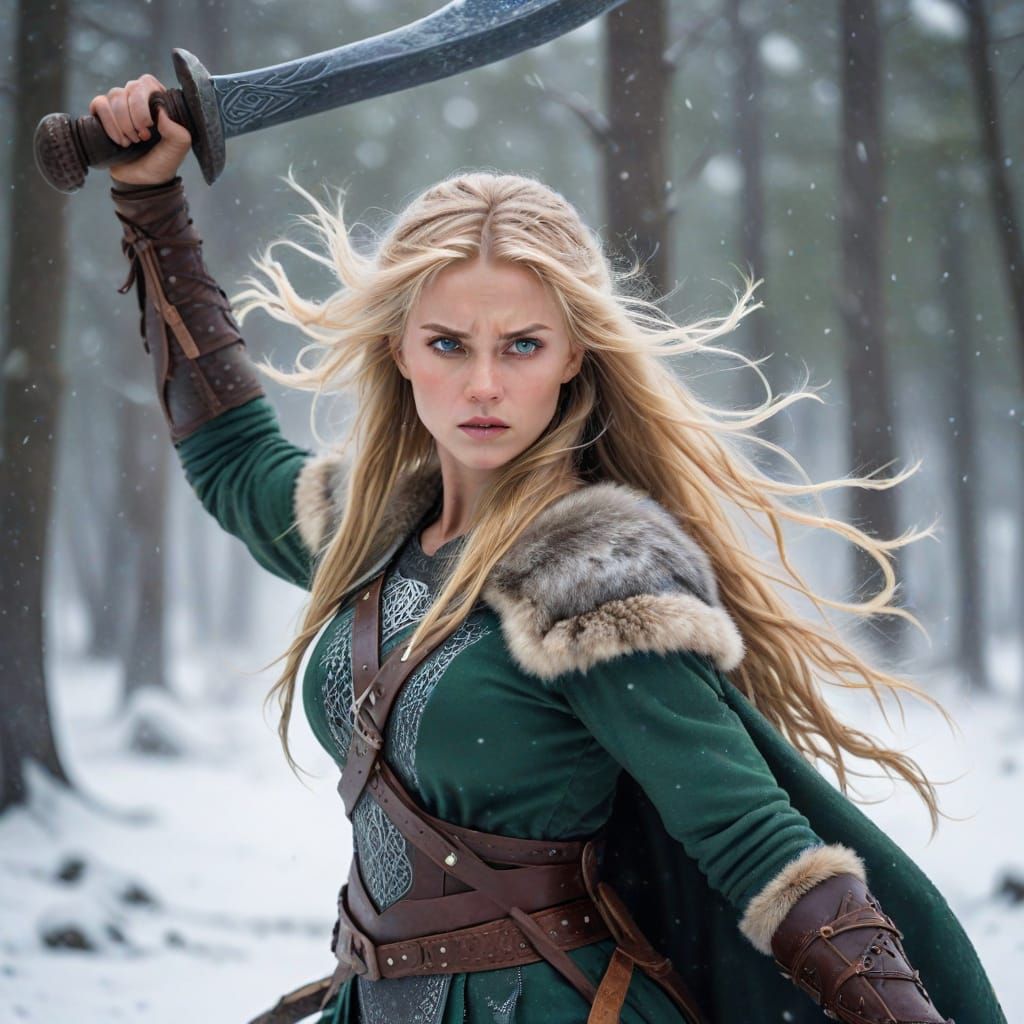 Viking Warrior Maiden Fights in Snowy Battle