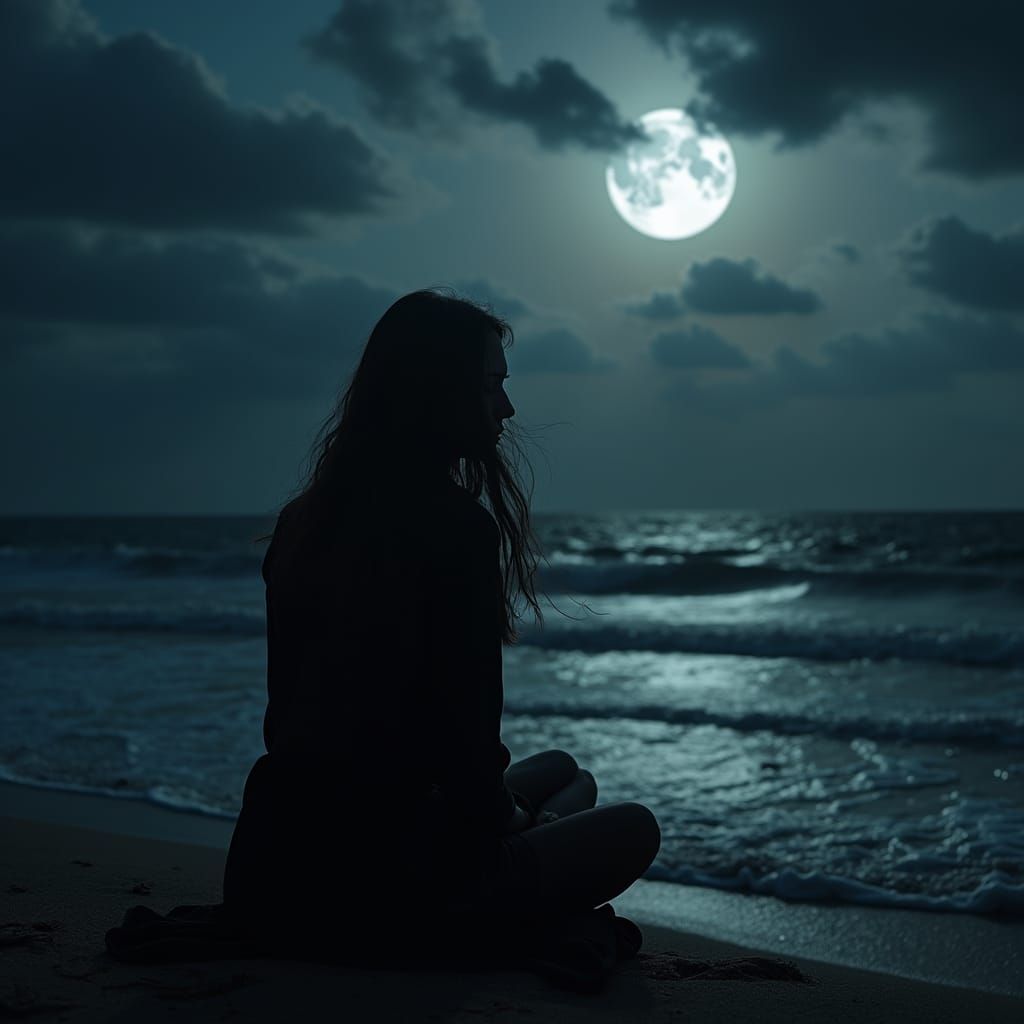 Melancholic Moonlit Seaside Scene